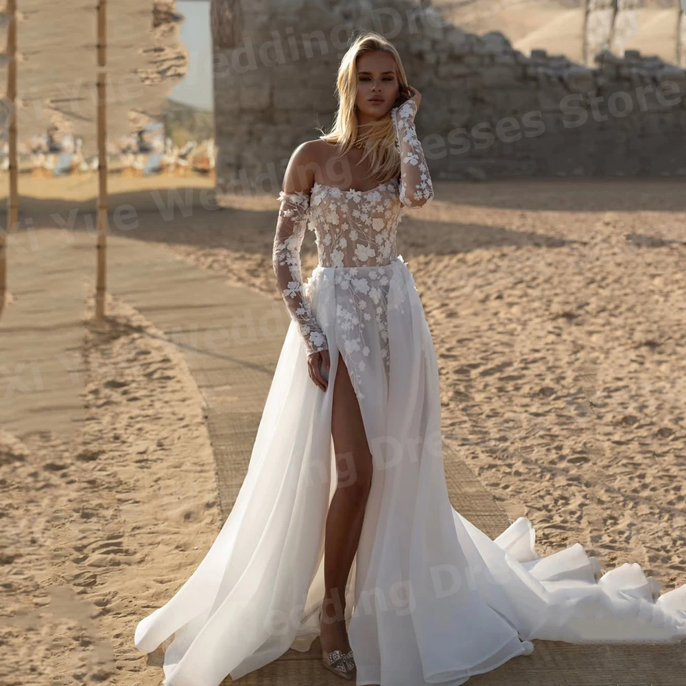 

Charming A Line Women's Wedding Dresses Strapless Lace Appliques Robe De Mariage Bride Gowns Customized Long Sleeve Slit Vestido