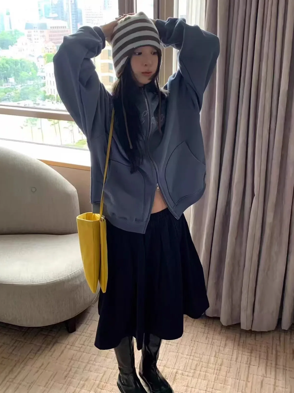 Retro American Hooded Embroidered Fleece Sweatshirt Zipper Loose Outerwear Women's Cotton Long Sleeve Winter Coat