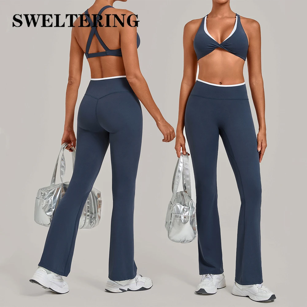 2PCS Yoga Set Women's Contrast Color Tracksuits Gym Workout Sets Sports Outfits High Waist Butt Lift Flared Pants Yoga Clothes