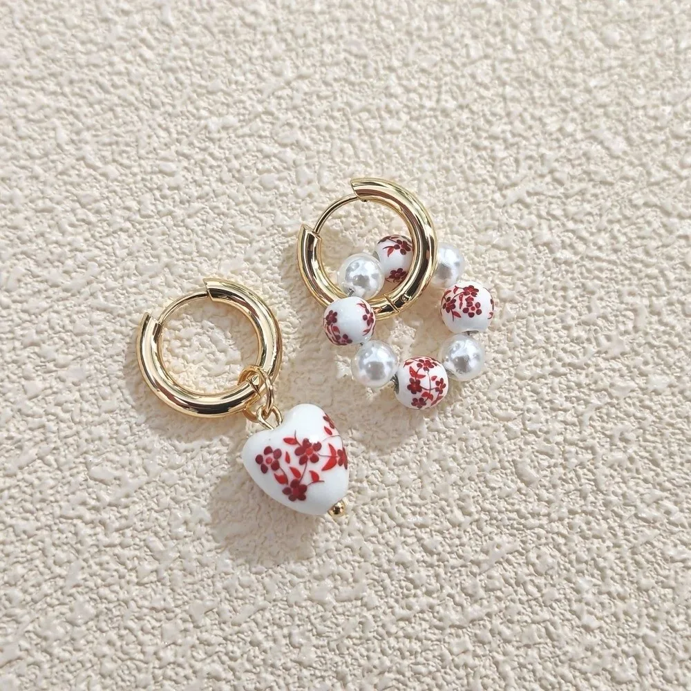 Imitation Ceramic Asymmetric Earrings Heart Stainless Steel Dangle Earrings Ball Pearls Pearls Dangle Earrings Jewelry Gift
