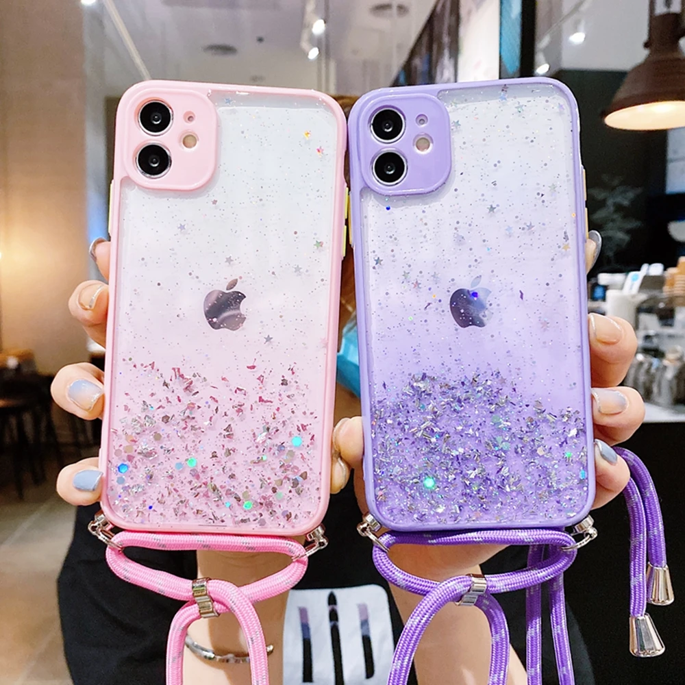 Bling Glitter Strap Cord Chain Necklace Crossbody Case For iPhone 13 12 Mini 11 Pro XS Max X XR 6 6S 7 8 Plus SE 2 Lanyard Cover