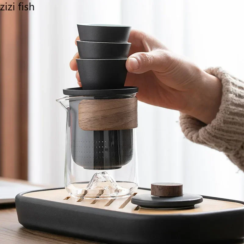 Portable Travel Tea Set Outdoor Ceramic Kung Fu Tea Set Teas Glass Making Tools Teas Infuser Teapot Cup Teaware Sets view 3
