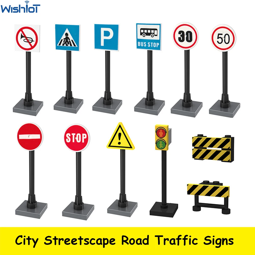 

City Street Scenes Traffic Road Signs Roadblock Signal Light Speed limit Humanoid road Parking Lot Sign Building Blocks Toys