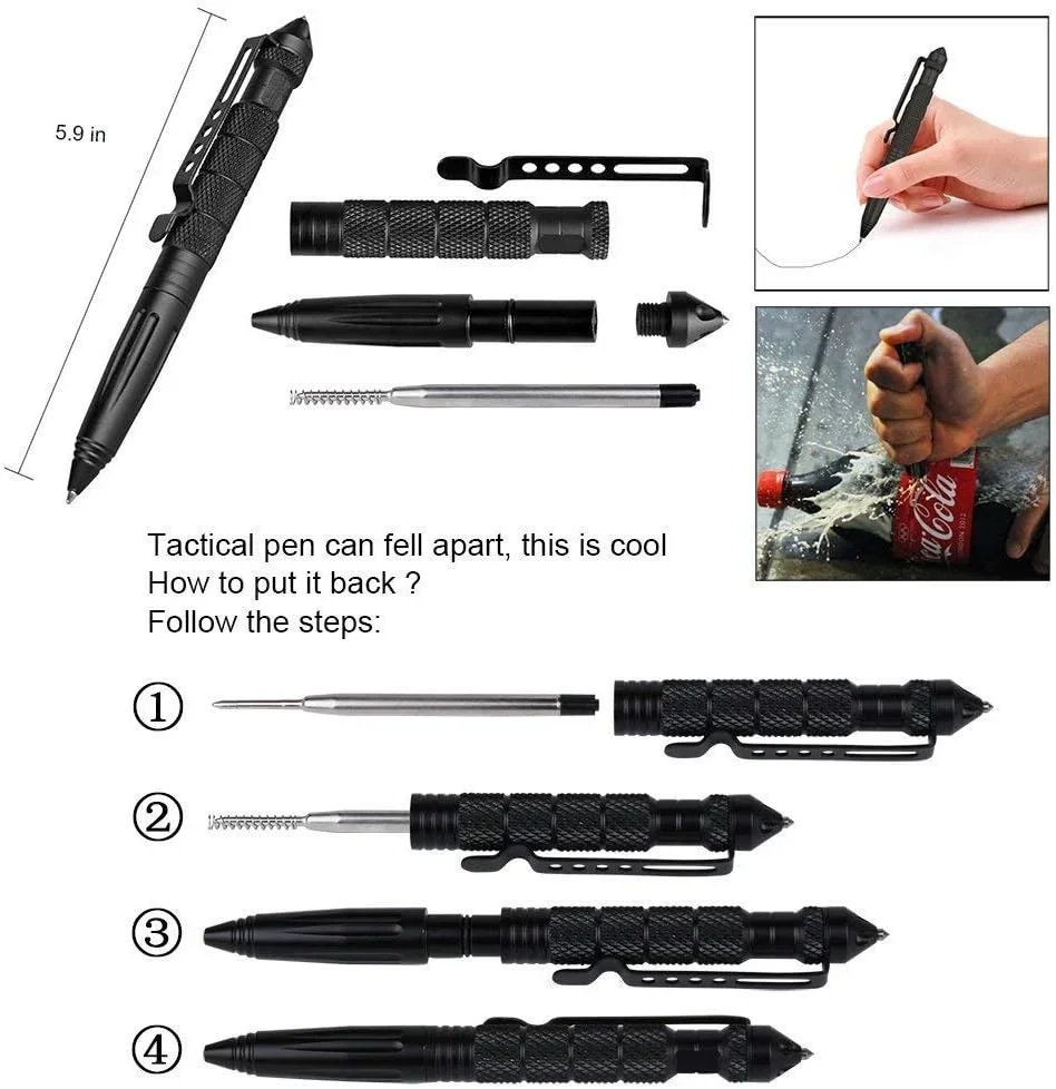 Military Tactical Pen, Professional Self Defense Pen, Emergency Glass Breaker Pen Writing Outdoor Survical Tool with Refill