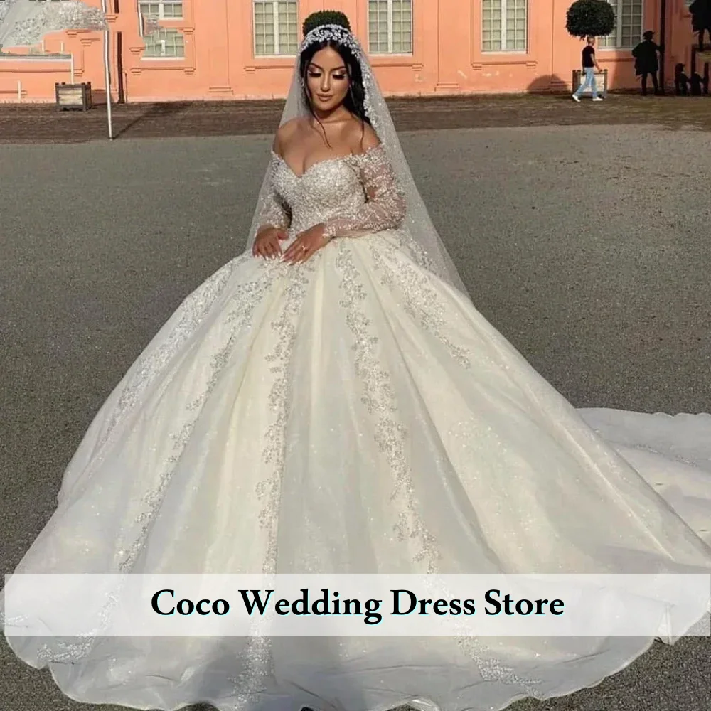 

Изысканное свадебное платье с открытыми плечами, блестящими пайетками, V-образным вырезом, длинное бальное платье для невесты, свадебное платье (Vestido De Novia)