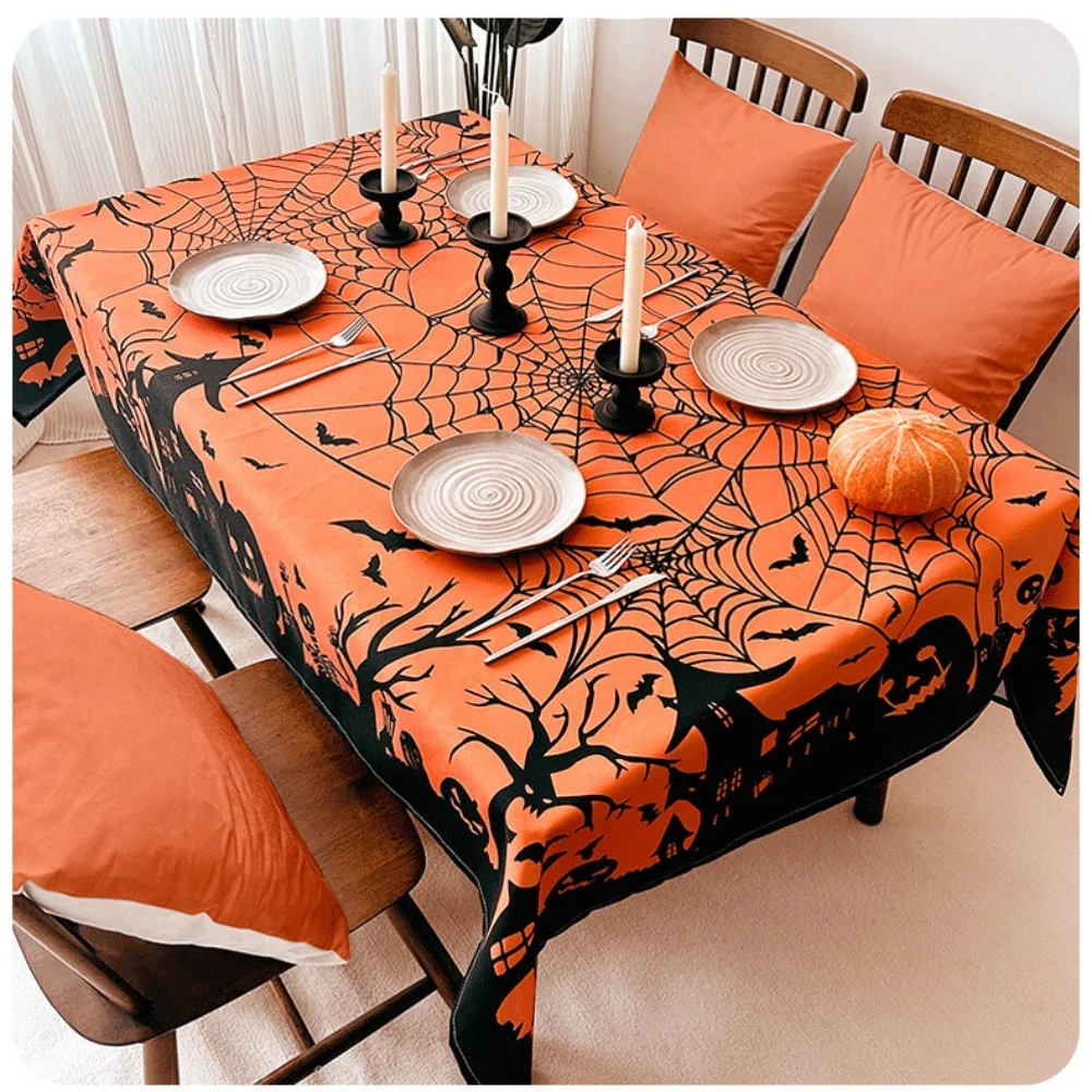 Printed Halloween Tablecloth Rectangular 55×71 Inch Wrinkle Free Table Cloth Waterproof Polyester Spider Web Pumpkin Tablecloth