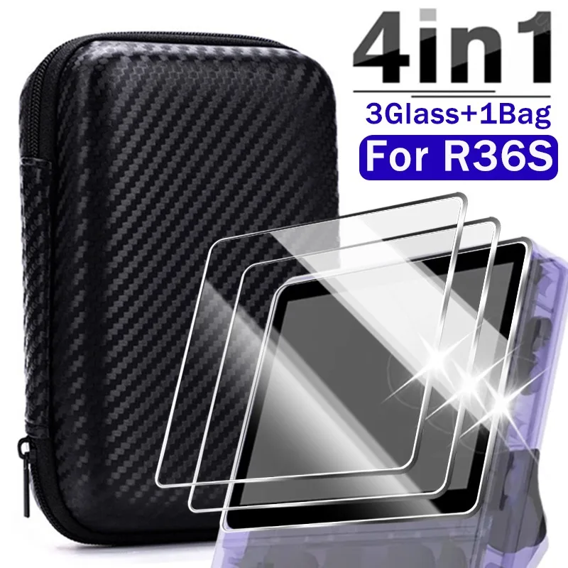 Glass+Bag for R36S/R35S Screen Protector Tempered Glass Film Anti Scratch EVA Portable Storage Case Handheld Game Console Bag