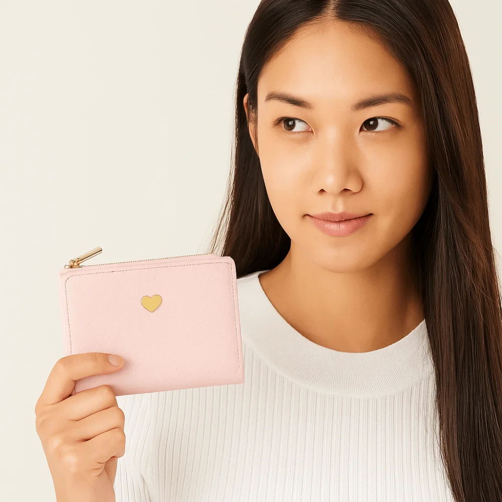 

Креативный двойной кошелек на молнии, однотонный женский короткий кошелек с защитой от потери, большой вместительный кошелек для монет с сердечком, студенческий