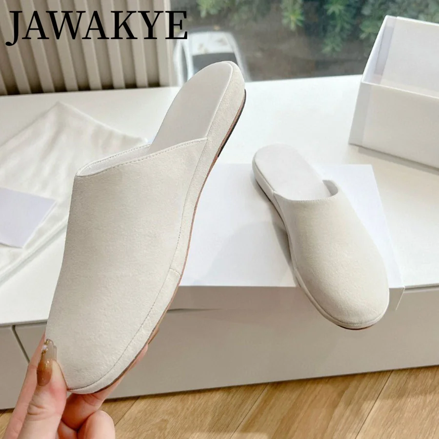 2024 Luxury Brand Slippers Cow Suede Half Slippers Ladies Mules Woman\'s Flat Mules Causal Round toe Slippers for Women Home