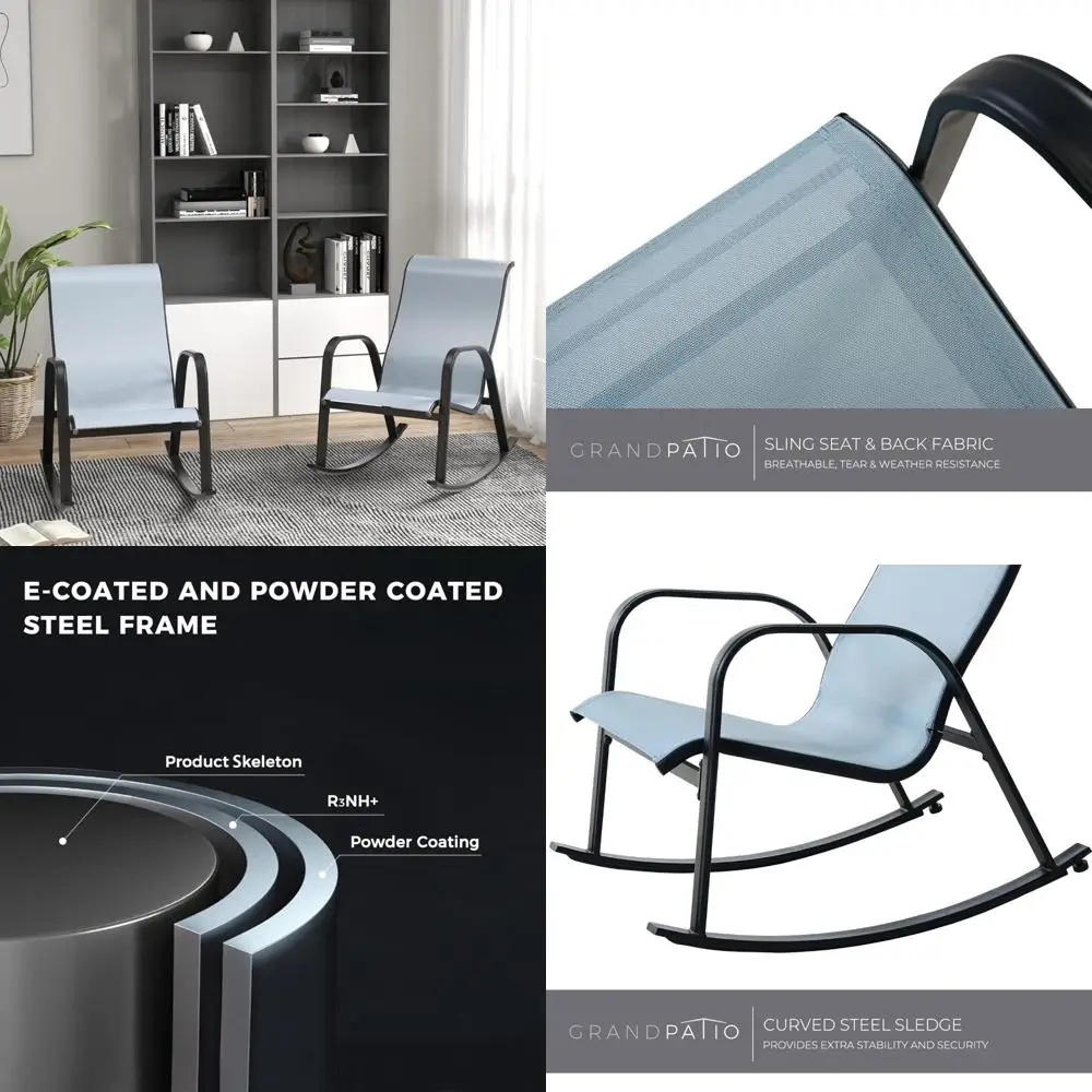 Outdoor Mesh Sling Rocking Chairs Set of 2 for Patio, Garden, Front Porch, and Backyard in Blue