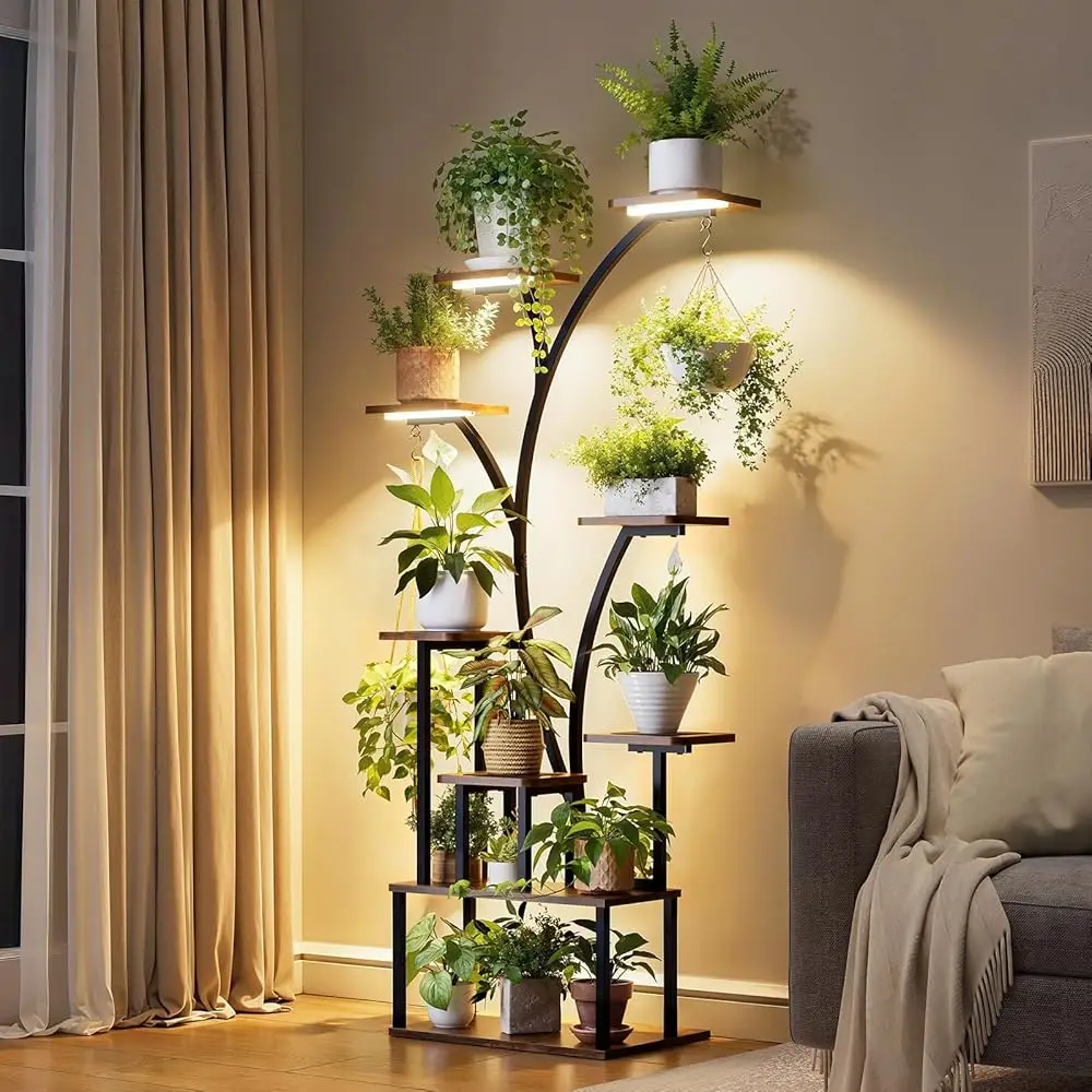 

Plant Stand Indoor With Grow Lights, 9 Tiered Tall Plant Shelf Indoor, 63"" Corner Plant Stand For Indoor Plants Multiple,
