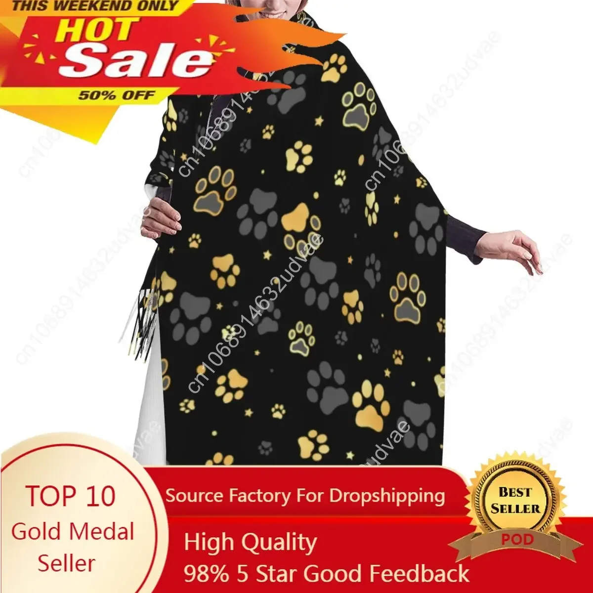 

Autumn Winter Warm Scarves Gold Dog Paw Print And Star Fashion Shawl Tassel Scarves Wrap Neck Headband Hijabs Stole