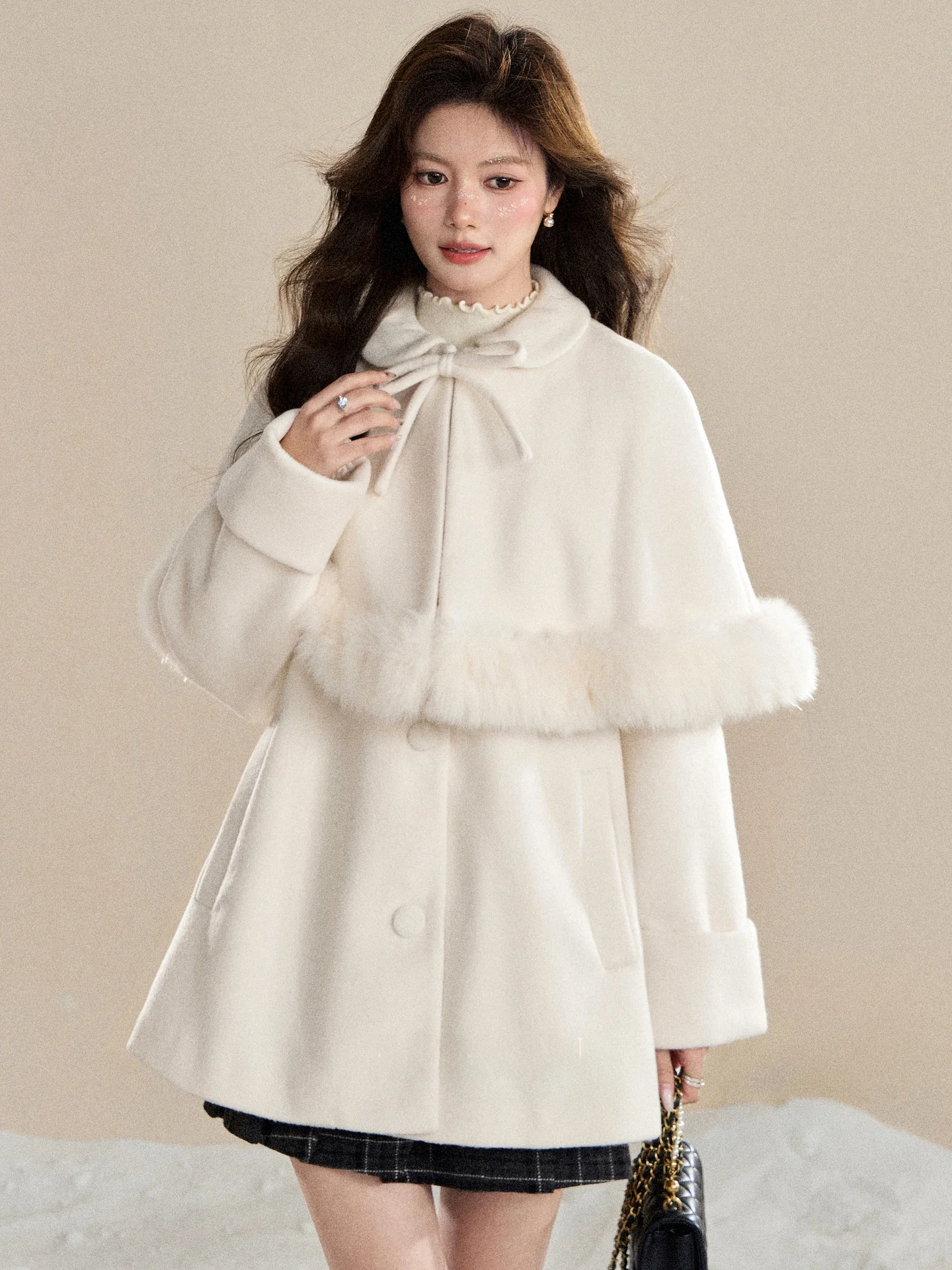

South Deer Winter New Sle Women's Woolen Coat Lapel Collar Beige Versatile Long Sve round Ne Single Button Pure Color