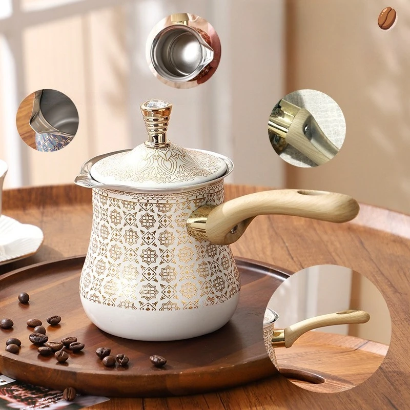 550ml Professional Turkish Coffee Pot Set with Warmer Base Golden Stainless Steel Teapot Non-Slip Handle for Home Kitchen Decor
