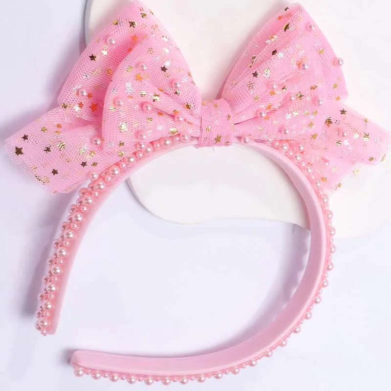 Ncmama Fashion Pink Lace Pearl fasce per donna Cute Glitter Stars Bow Hair Band Girl Headwear accessori per capelli regalo di compleanno