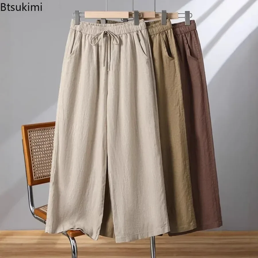 New Women's Wide Leg Pants Spring and Autumn High Waisted Plus Size Linen Cotton Pants Drawstring Straight Leg Thin Casual Pants