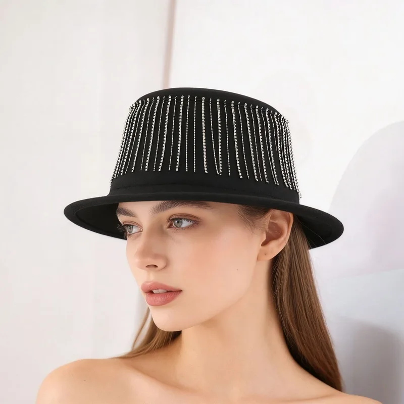 Vintage felt high-top hat with chain tassels rhinestone decorations, unique design, exquisite fashionable for autumn and
