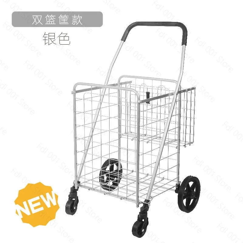 Silver 4 Wheels Utility Cart Large-sized Sturdy Steel Frame Folding Cart for Grocery Shopping Transporting Laundry
