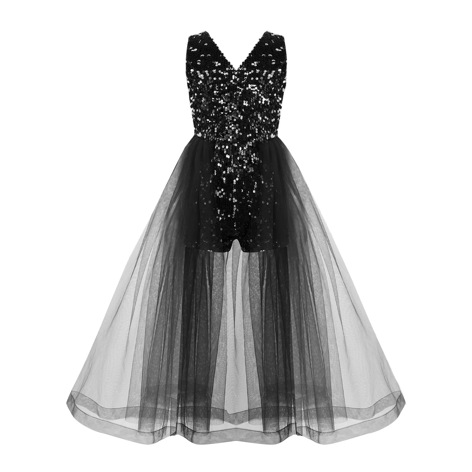 Kids Girls V Neck Sparkly Sequin Romper with Tulle Skirt Children Sleeveless Formal Dress for Wedding Birthday Party Gown