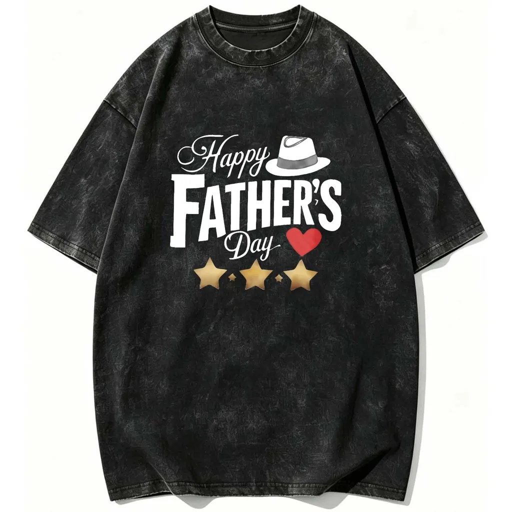 CLOOCL Happy Father's Day Hat Heart Stars Printed T-shirt Premium Heavyweight Retro Washed Tees Harajuku Summer Top