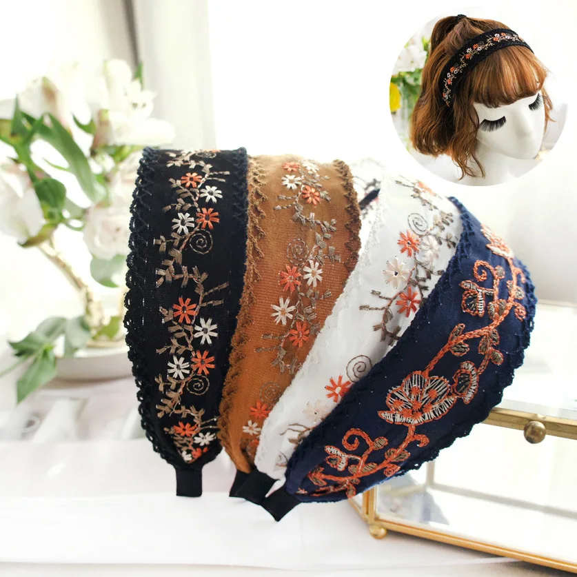 光沢のあるシルクで作られた韓国のヘッドバンド,ワイドサイド刺繍,スパンコール,ヘアアクセサリー,女の子用ヘッドバンド,女性用フラワークラウンヘッドバンド