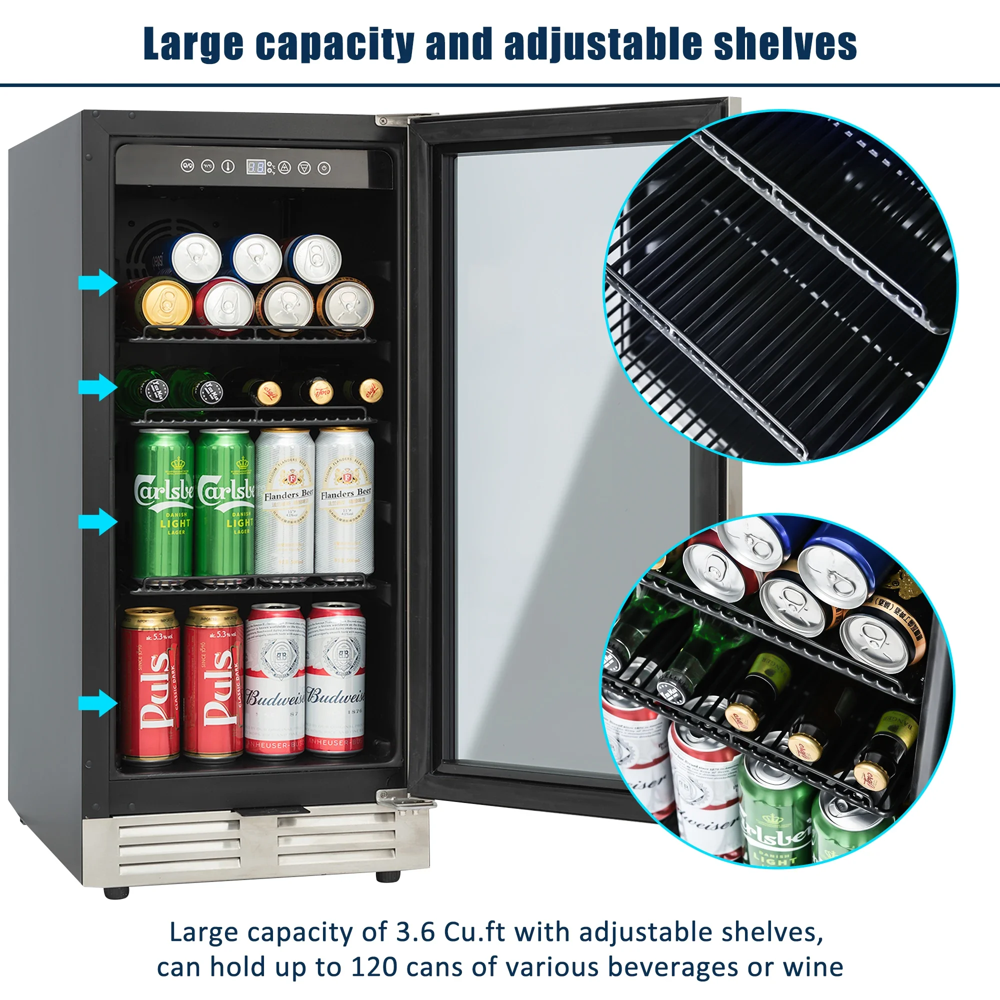 120 Cans Built-in Freestanding Mini Beverage Refrigerator Wine Cabinet LED Lighting Touch Controls Defrost Wine Cooler