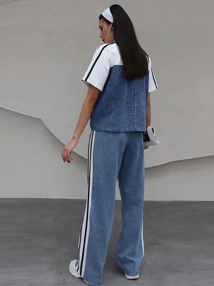 المرقعة شريط الدنيم المرأة رياضية الوقوف طوق نصف كم جاكيت زيبرا فضفاض الخصر جان الإناث 2 قطعة 2025 سيدة الزي