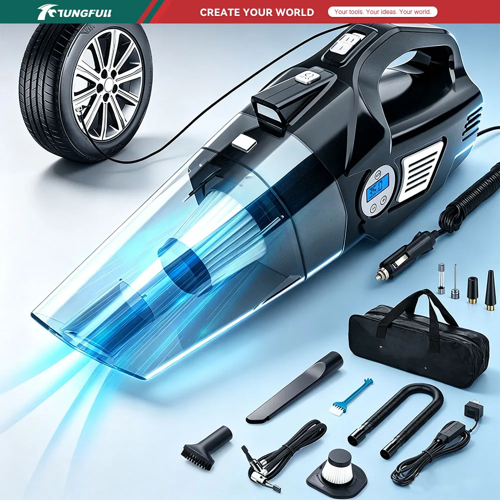 Wireless & Wired Car Vacuum Cleaner Tire Inflator, Strong Suction Handheld Multifunctional Vacuum with Light for Car Home Use