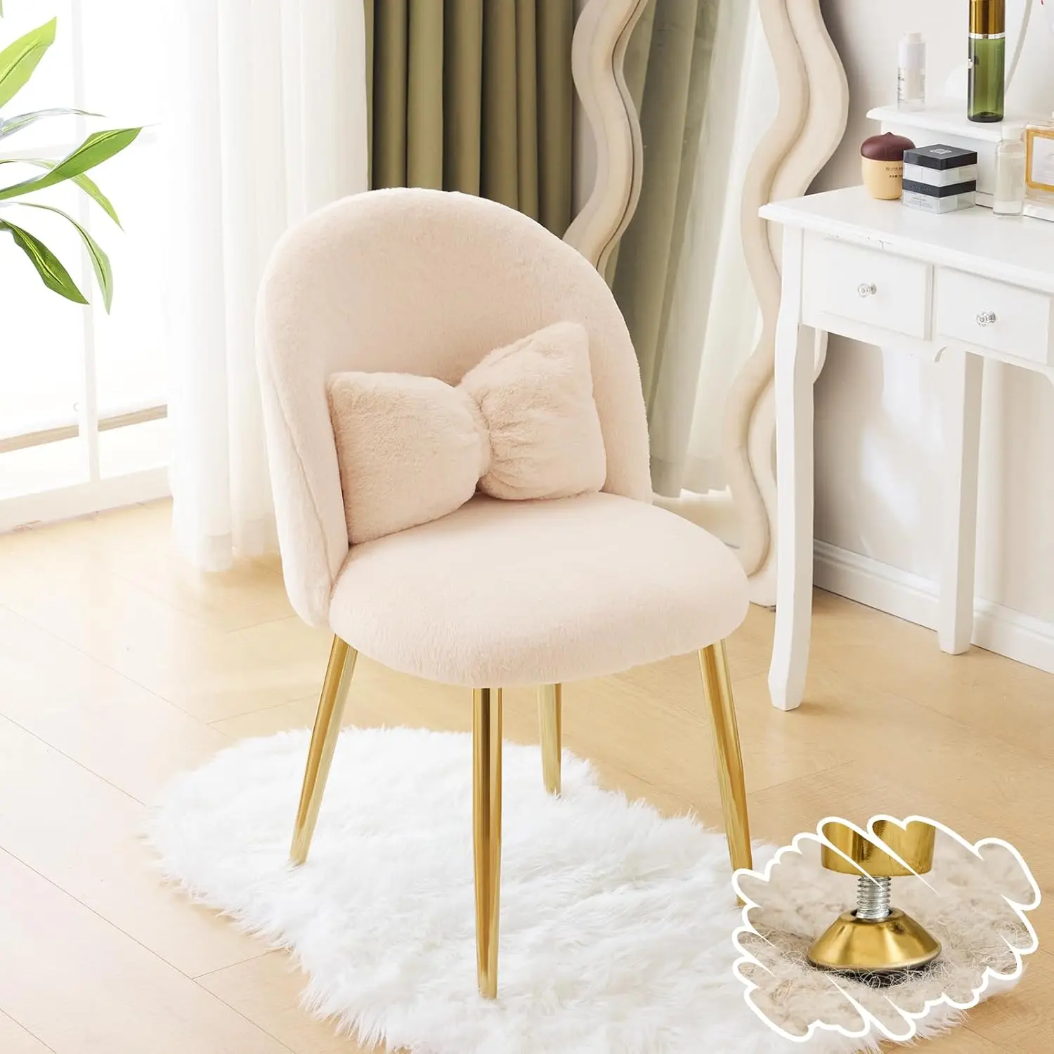 Boucle Girls Vanity Chair with Back & Pillow,Cute Small Cozy Desk Chair No Wheels,Comfy Makeup Ch with Ajustable Gold Leg