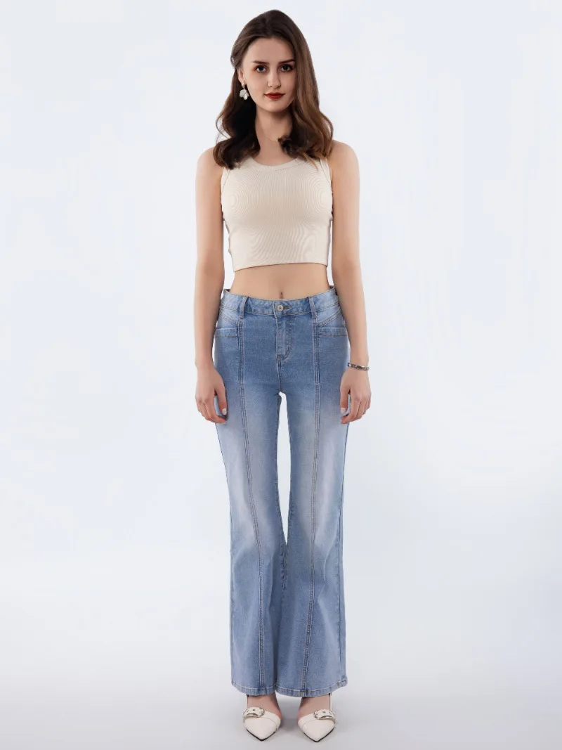 Damskie jeansy retro, proste spodnie, codzienne spodnie z szerokimi nogawkami, średni stan, wyszczuplające, modne.