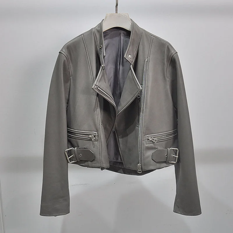 Blouson de motard en cuir de mouton véritable pour femme, épaules tombantes, col montant, à la mode, nouveauté 2022, AEL4943