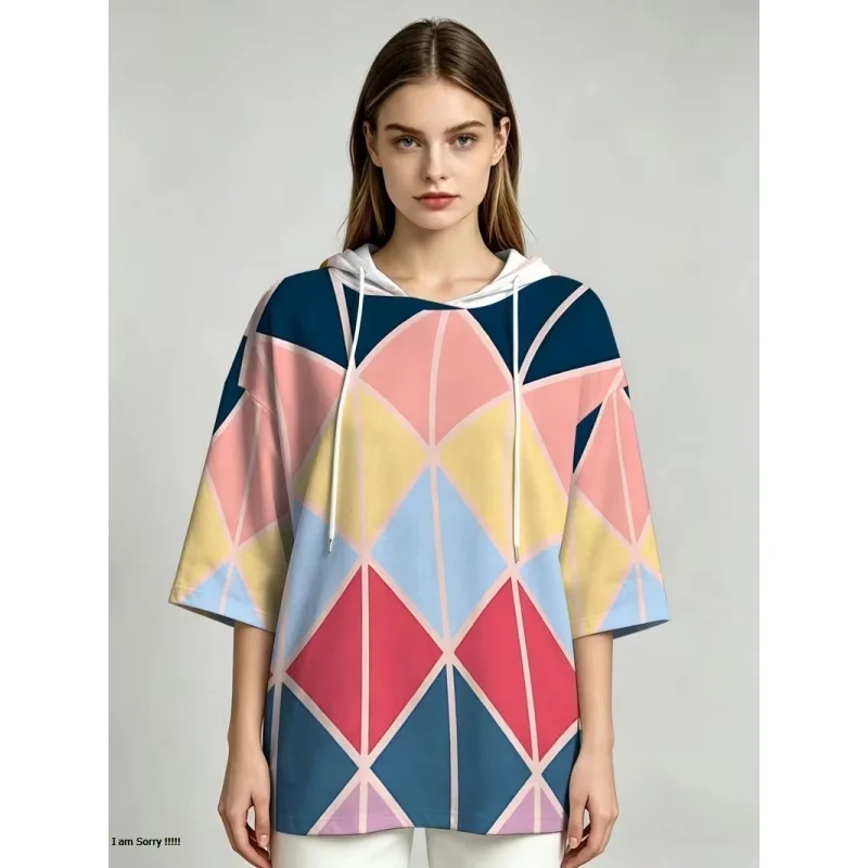 Colorful Diamond Patterned Printed Hoodie Women's Autumn Half Sleeved Hooded Drawstring Casual Loose Pullover Tops