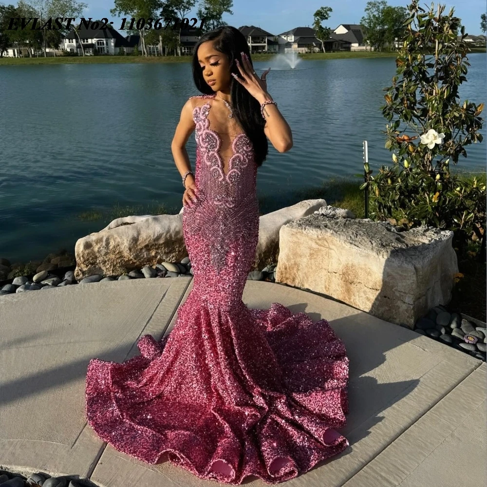 EVLAST Customized Glitter 2025 Pink Sequins Mermaid Prom Dress Black Girls Diamond Crystal Beaded Birthday Party Gown E2P285