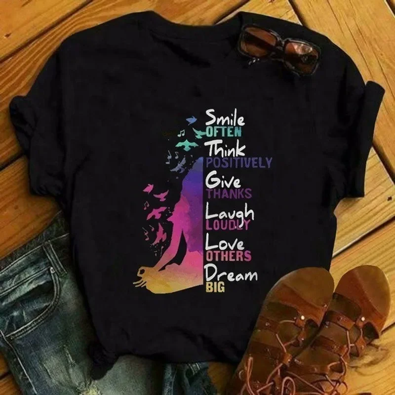 Smile Love Dream Print Women T Shirt Short Sleeve O Neck Loose Women Tshirt Ladies Fashion Tee Shirt Tops Clothes Mujer