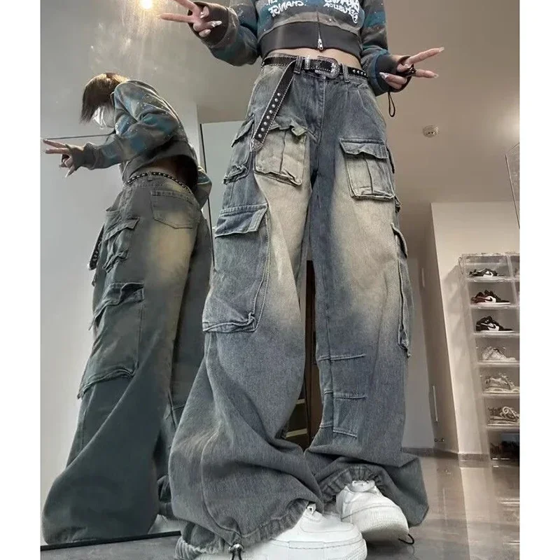 Multiple Pockets Design Wide Leg Trousers Unisex Oversized Straight Leg Vintage Jeans Washed Oversized Jeans Street Cargo Pants