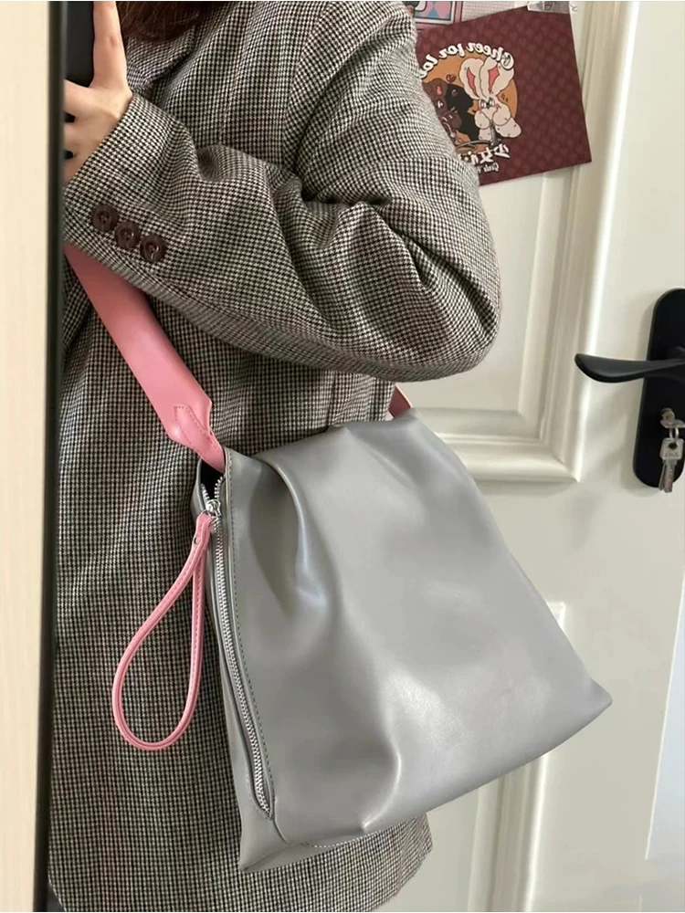 MABULA Gray and Pink Pu leather Shoulder Bag for Women Adjustable Strap Square Hobo Purse Simple Stylish Cross Messenger Handbag