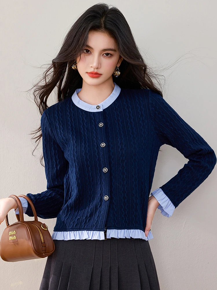 Fake Two-piece Knitted Cardigan 2024 Autumn New Contrast Color Tops Korean Fashion Loose Long Sleeved Sweater Women Tops