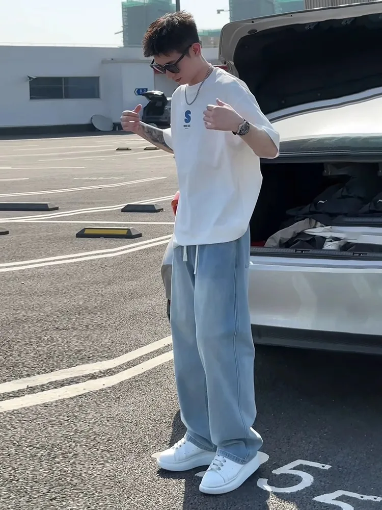 Celana Jeans Sutra Es Ry Pria Biru Muda Celana Kaki Lebar Lurus Longgar Sle Amerika Tipis Musim Panas Remaja Nyaman Bernapas...