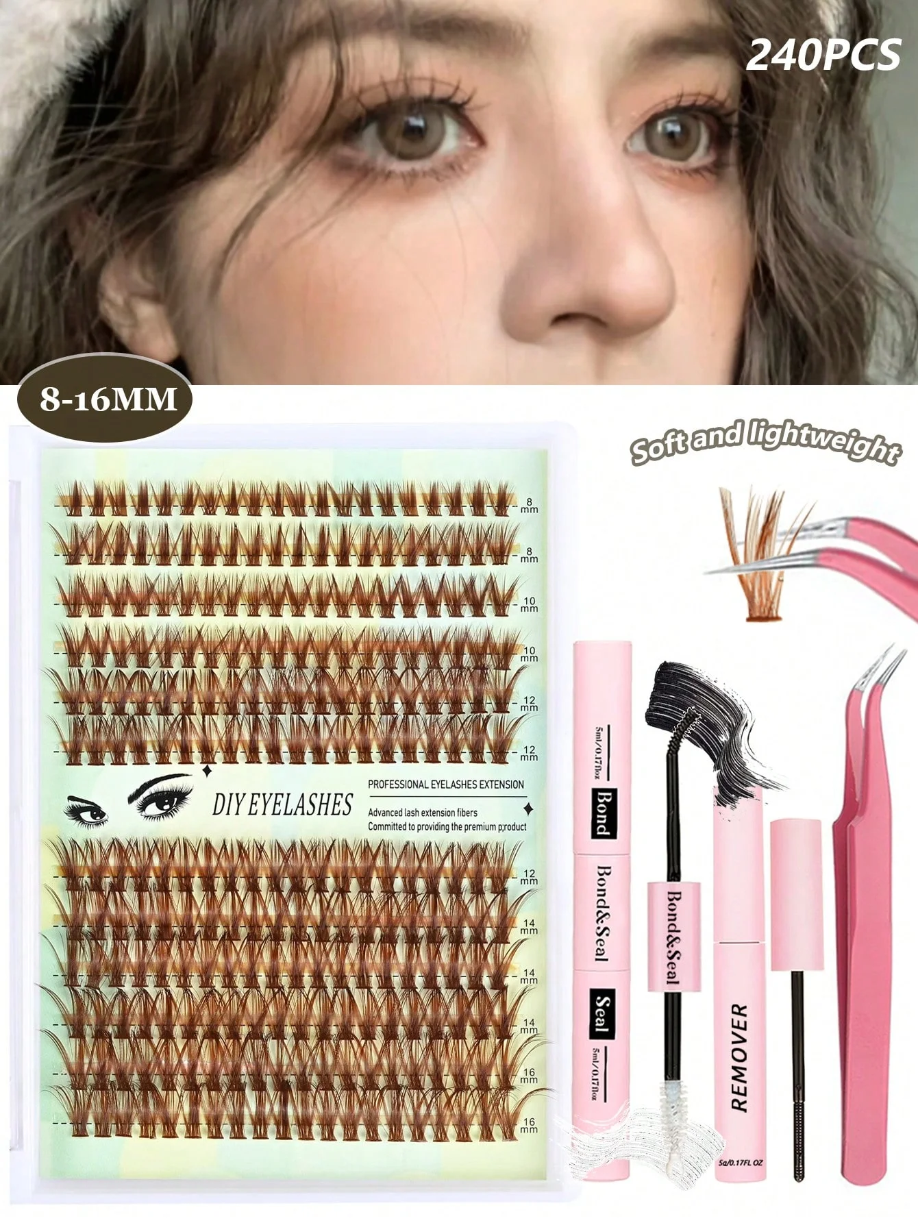 다크 브라운 속눈썹 클러스터 속눈썹 익스텐션 키트, 개별 속눈썹 키트, 자체 사용을 위한 속눈썹 본드 및 도장 속눈썹 트위저 포함, 8-16mm, 240 개
