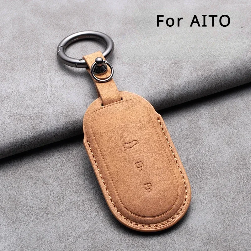 

Leather Car Key Case Cover for AITO M5 M7 2022 M9 2024 3 Buttons Car Remote Key Fob Shell Suede Leather Keychain