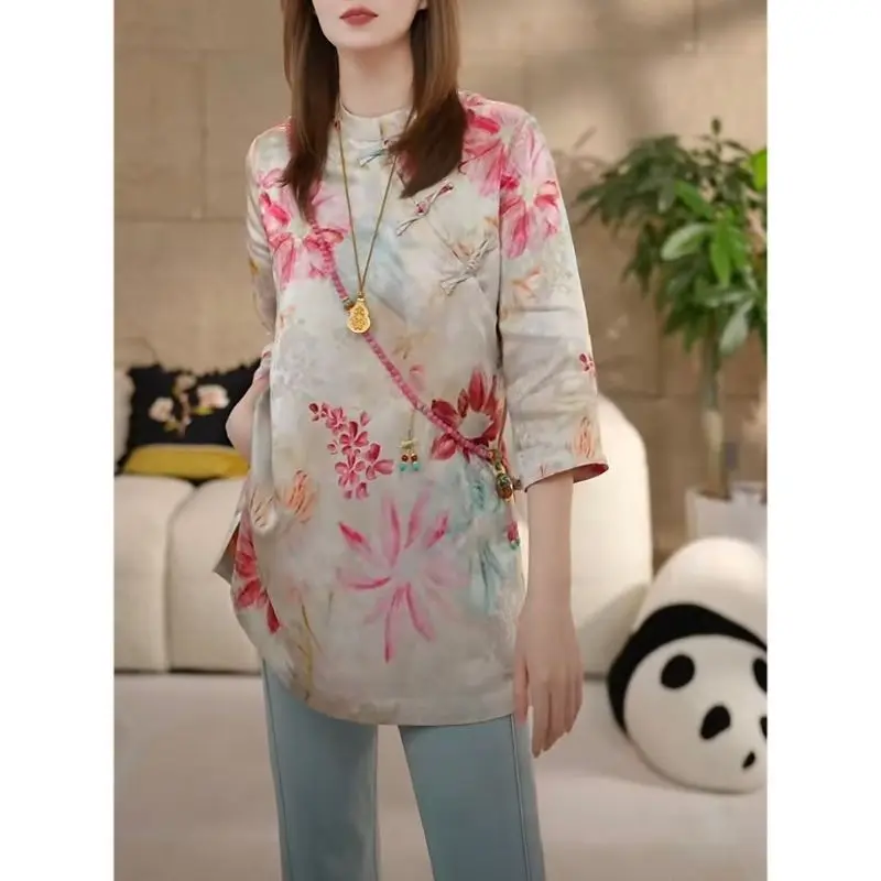 

Chinese Style Fashionable 7-quarter Sleeve Shirt for Women 2025 Spring and Summer New Printed Top Base Shirt