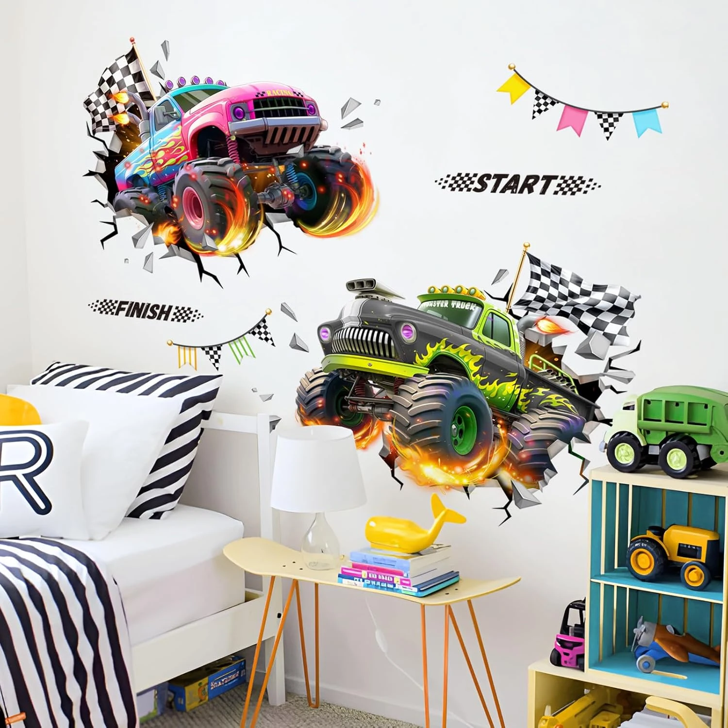 2 قطعة الكرتون 2D سباق شاحنة المائية الجدار ملصق الفينيل غرفة الطفل لعبة غرفة الاطفال الفتيان غرفة نوم غرفة المعيشة ديكور المنزل