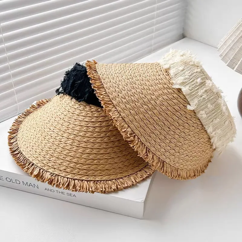 Womens Frayed Edge Wide Brim Straw Empty Top Sun Visor Hat Summer Beach Holiday Outdoor Uv Protection Sun Cap Fits 56-59cm Vario