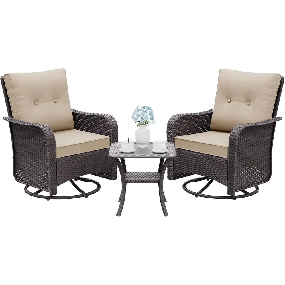 2-Piece Outdoor Swivel Chair Set with Cushions, 3-Piece Wicker Rocking Patio Furniture, Double-Layer Coffee Table Bistro Set for
