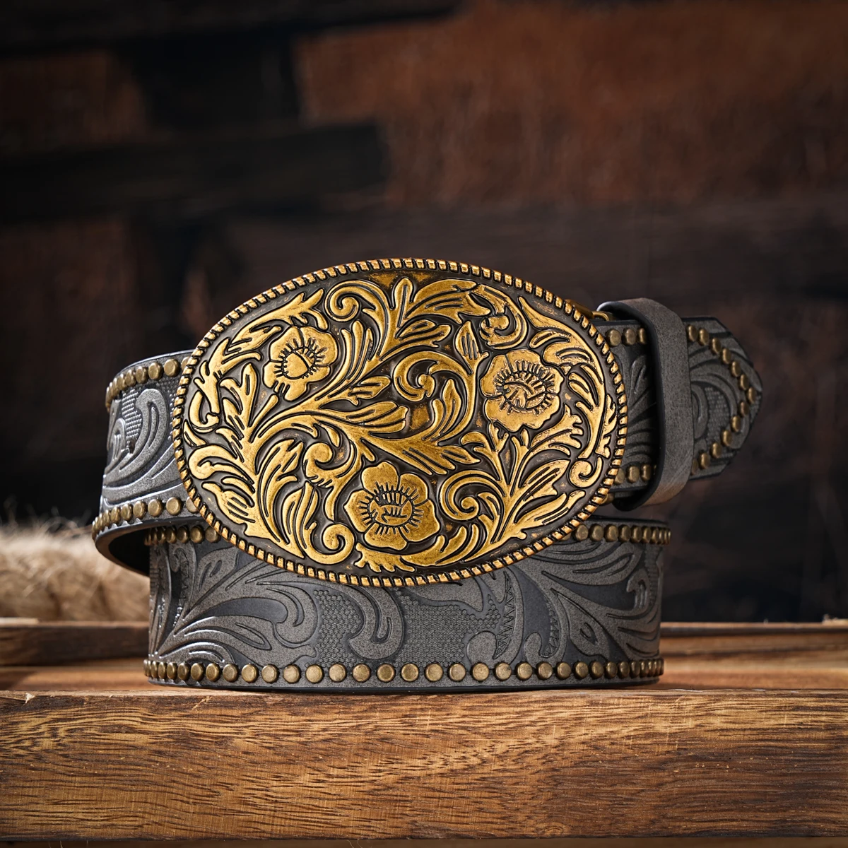Men & Women-Western-Cowboy-PU Leather-Belts - Vintage horse Belt Floral Engraved Buckle Belt for Jeans