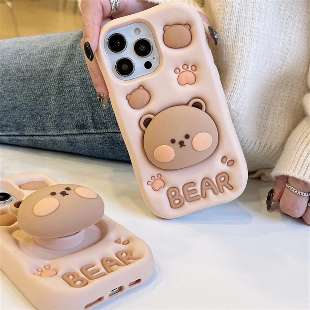 Cute 3D Cartoon Bear Paw Holder Grip Phone Case For iPhone16 15 14 13 12 11 Pro Max Lovely Silicone Soft Cover Camera Protection