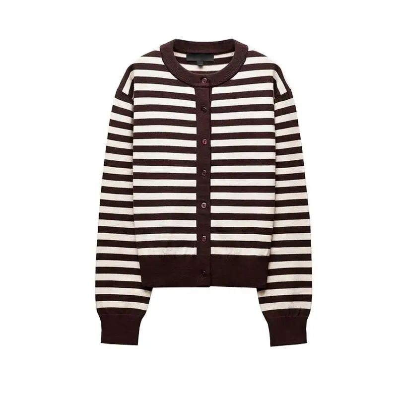 Spring New Women's Knitted Long Sve round Ne Striped ort Coat Casual College Sle Versatile Lazy Match Polyester Fiber