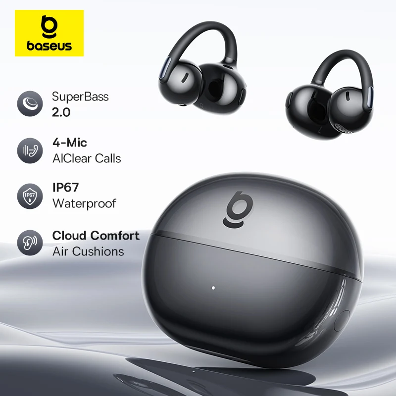 Auricolari TWS Baseus Bowie MC2 AIR con Clip, Cuffie Wireless Bluetooth 6.0, Auricolari Aperti con 4 Microfoni ENC, Cuffie Sportive