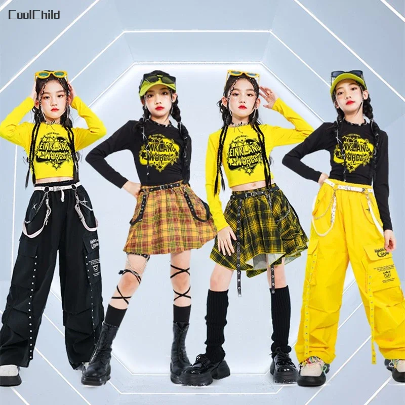 Hip Hop Kids Cool Crop Top K-pop Street Dance Cargo Pants Plaid Skirts Girls Streetwear Children Yellow Jazz Costume Clothes Set