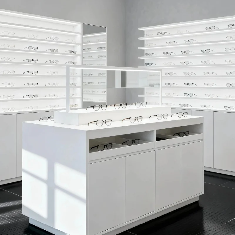 custom.White Full-Wall Eyewear Display with LED Lighting & Durable Maximize Your with This Sleek System